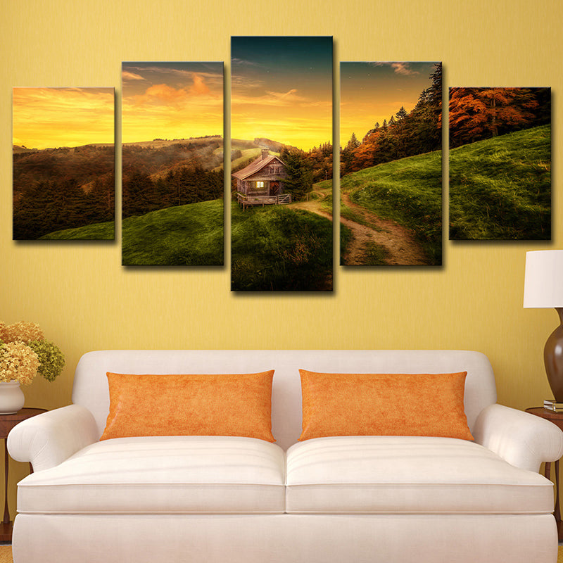 Modern Sunset Mountain Cabin Canvas Yellow Natural Landscape Wall Art Print, Multi-Piece