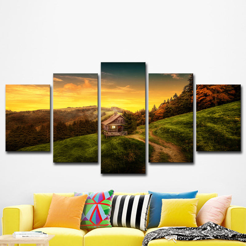 Modern Sunset Mountain Cabin Canvas Yellow Natural Landscape Wall Art Print, Multi-Piece