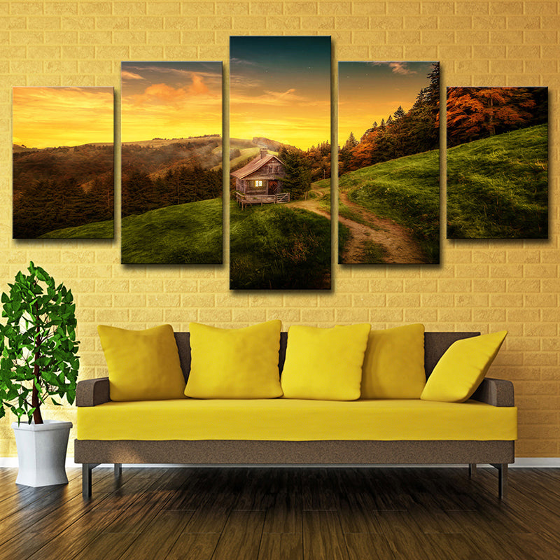 Modern Sunset Mountain Cabin Canvas Yellow Natural Landscape Wall Art Print, Multi-Piece