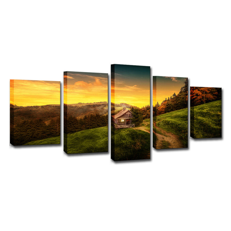 Modern Sunset Mountain Cabin Canvas Yellow Natural Landscape Wall Art Print, Multi-Piece