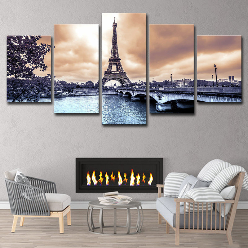 Contemporary Canvas Art Brown Eiffel Tower at Dusk Landscape Wall Decor for Bedroom