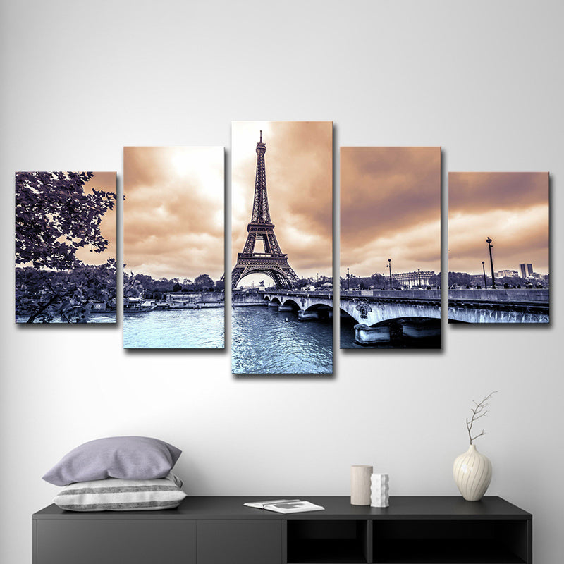 Contemporary Canvas Art Brown Eiffel Tower at Dusk Landscape Wall Decor for Bedroom