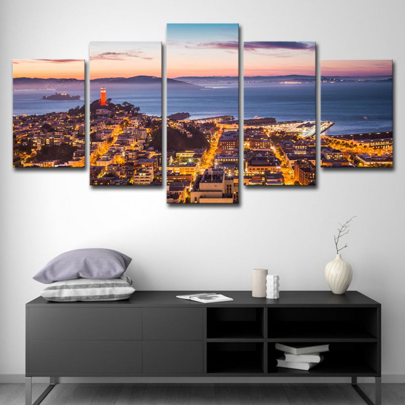 Alcatraz Island Night Scenic Canvas Art Global Inspired Multi-Piece Home Wall Decor in Brown