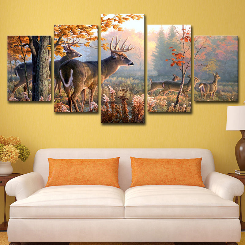 Canvas Multi-Piece Wall Art Contemporary Deer Herd in Autumn Forest Wall Decor in Brown