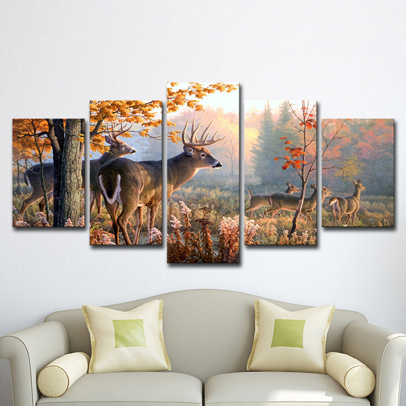 Canvas Multi-Piece Wall Art Contemporary Deer Herd in Autumn Forest Wall Decor in Brown