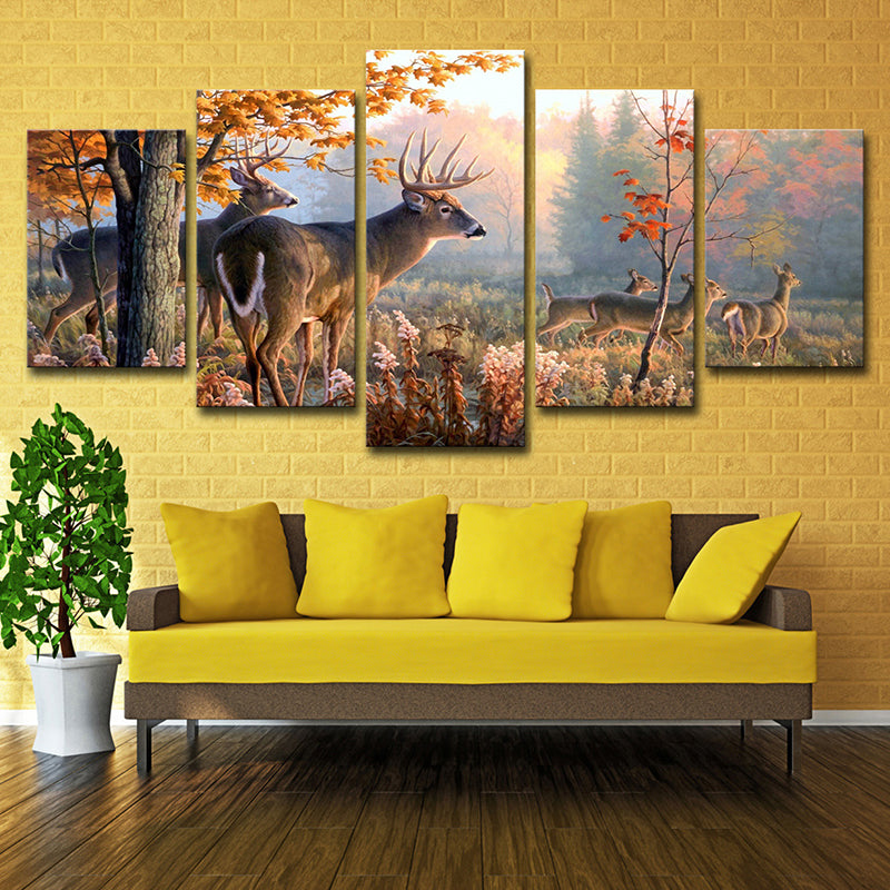 Canvas Multi-Piece Wall Art Contemporary Deer Herd in Autumn Forest Wall Decor in Brown