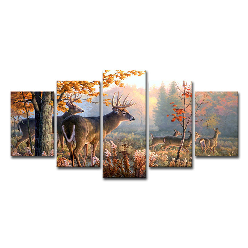 Canvas Multi-Piece Wall Art Contemporary Deer Herd in Autumn Forest Wall Decor in Brown