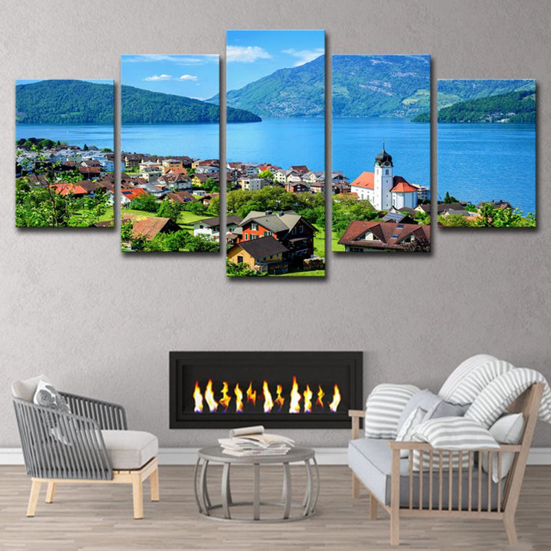 Modern Lake Lucerne Scenery Canvas Art Blue Bedroom Wall Decoration, Multi-Piece