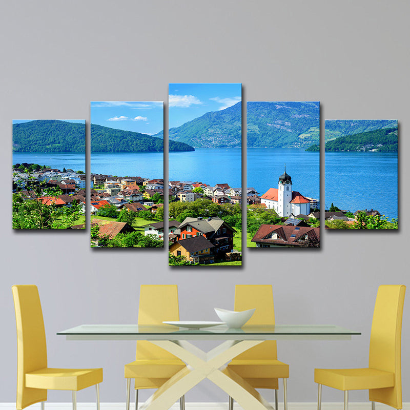 Modern Lake Lucerne Scenery Canvas Art Blue Bedroom Wall Decoration, Multi-Piece