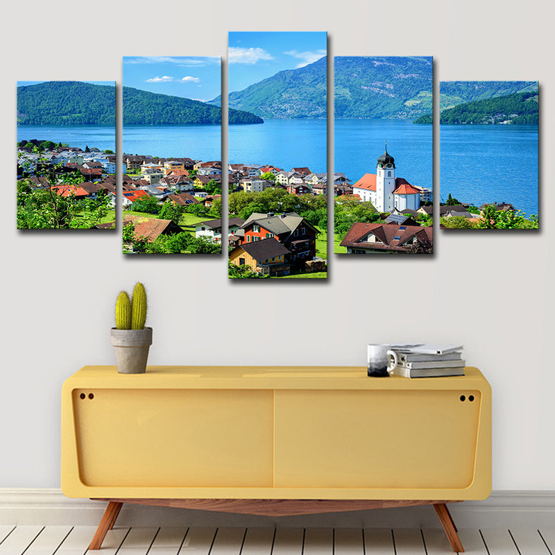 Modern Lake Lucerne Scenery Canvas Art Blue Bedroom Wall Decoration, Multi-Piece