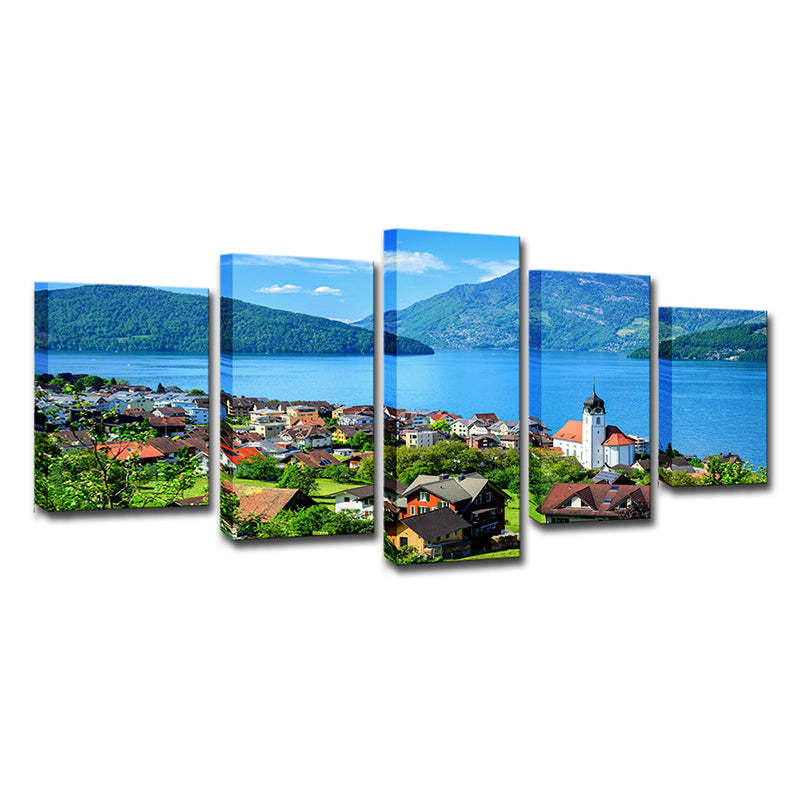 Modern Lake Lucerne Scenery Canvas Art Blue Bedroom Wall Decoration, Multi-Piece