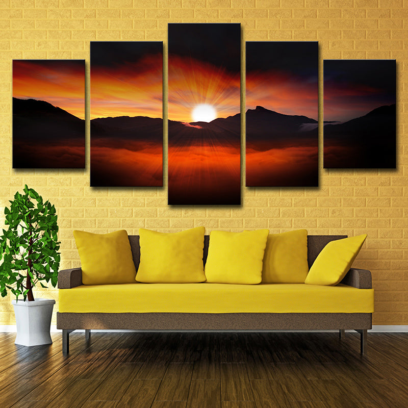 Orange Modern Style Canvas Sun Behind Mountain Nightfall Scenery Wall Art for House