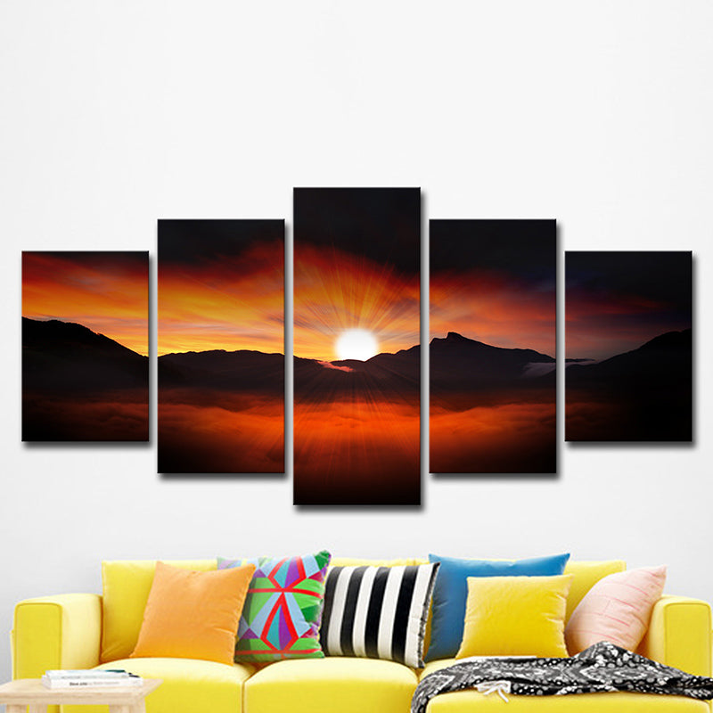 Orange Modern Style Canvas Sun Behind Mountain Nightfall Scenery Wall Art for House