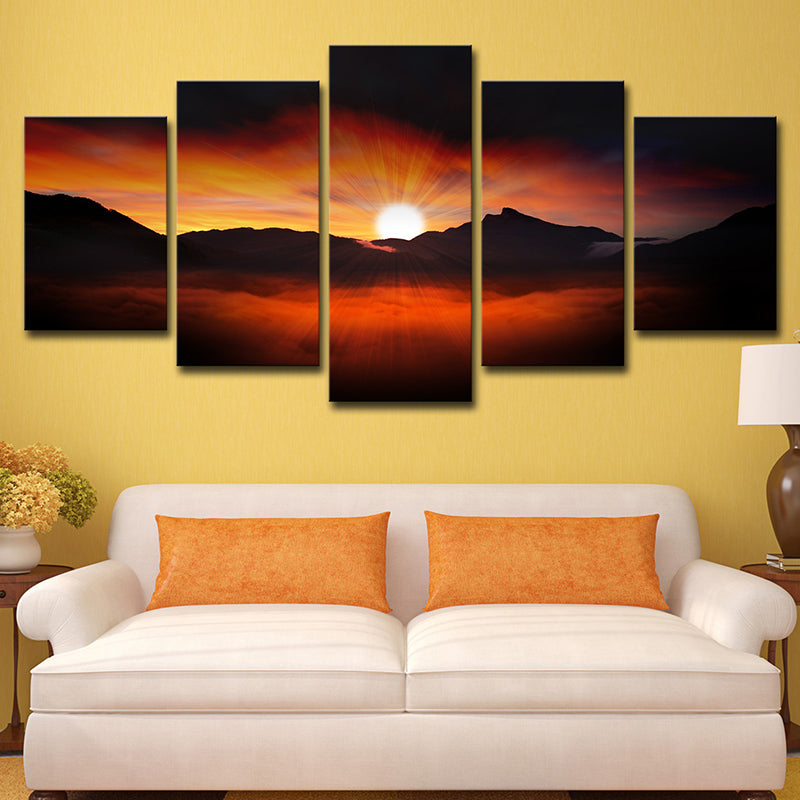 Orange Modern Style Canvas Sun Behind Mountain Nightfall Scenery Wall Art for House