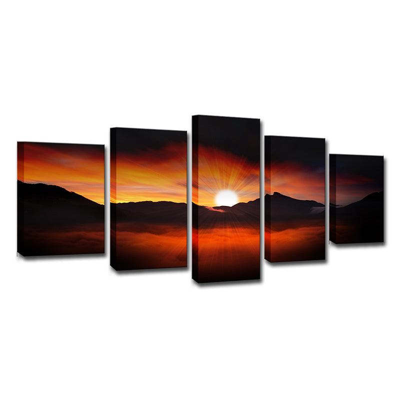 Orange Modern Style Canvas Sun Behind Mountain Nightfall Scenery Wall Art for House