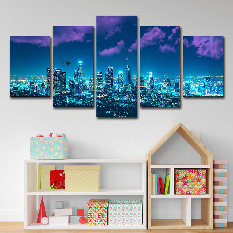 Blue San Francisco Canvas Art Night City Landscape Urban Multi-Piece Wall Decor for Room