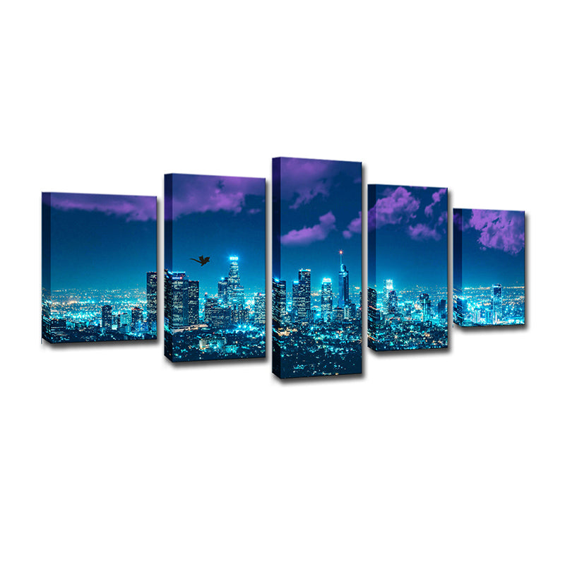 Blue San Francisco Canvas Art Night City Landscape Urban Multi-Piece Wall Decor for Room