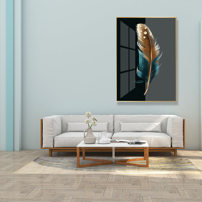 Digital Art Feather Printed Canvas for Living Room, Dark Color, Textured Surface