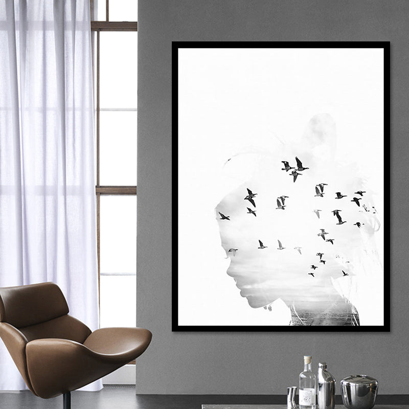 Canvas White Art Print Modernism Bird Flock and Woman Head Wall Decor for Sitting Room