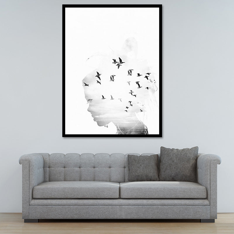 Canvas White Art Print Modernism Bird Flock and Woman Head Wall Decor for Sitting Room