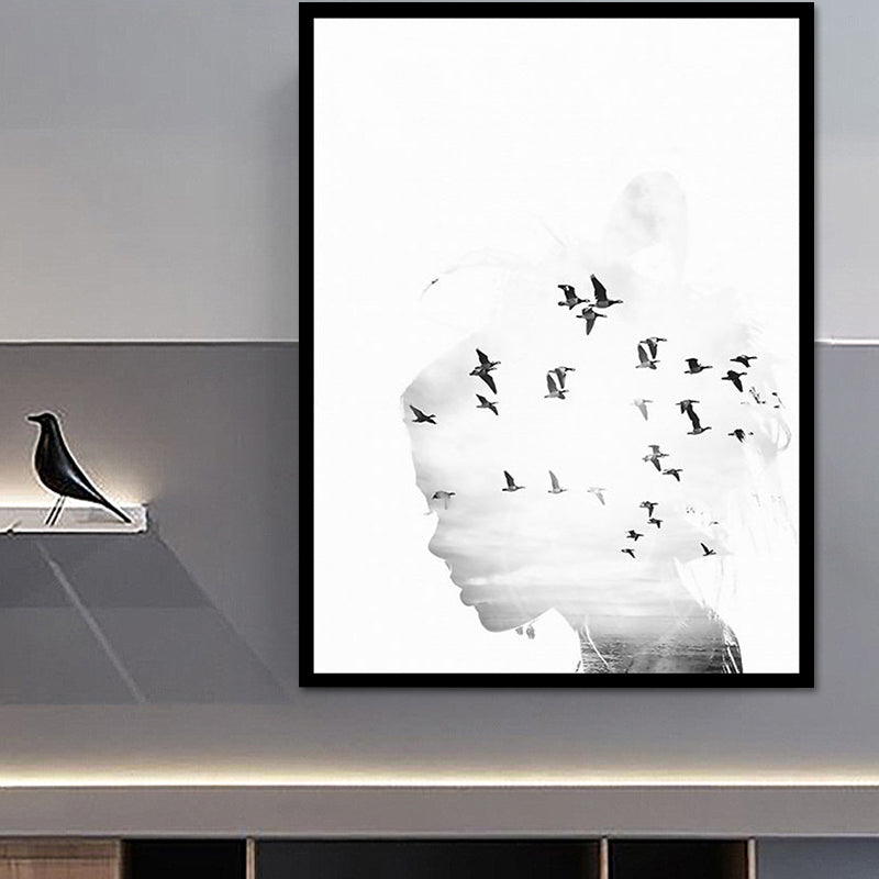 Canvas White Art Print Modernism Bird Flock and Woman Head Wall Decor for Sitting Room