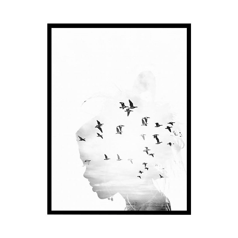 Canvas White Art Print Modernism Bird Flock and Woman Head Wall Decor for Sitting Room