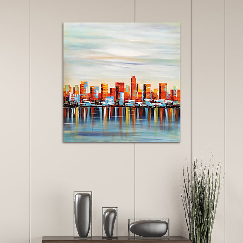 Canvas Red Art Print Modern View of Victoria Harbour Painting Wall Decor for Living Room