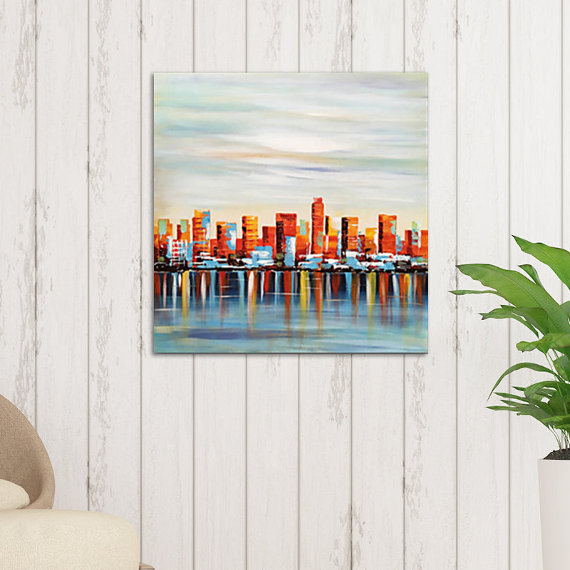 Canvas Red Art Print Modern View of Victoria Harbour Painting Wall Decor for Living Room