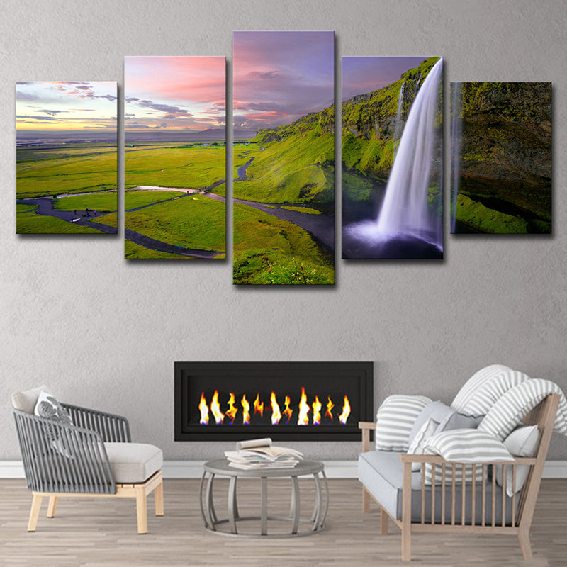 Waterfall and Grassland Scenery Canvas Art Modern Multi-Piece Wall Decor in Green