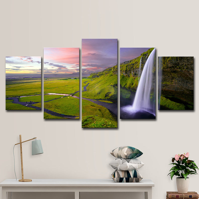 Waterfall and Grassland Scenery Canvas Art Modern Multi-Piece Wall Decor in Green