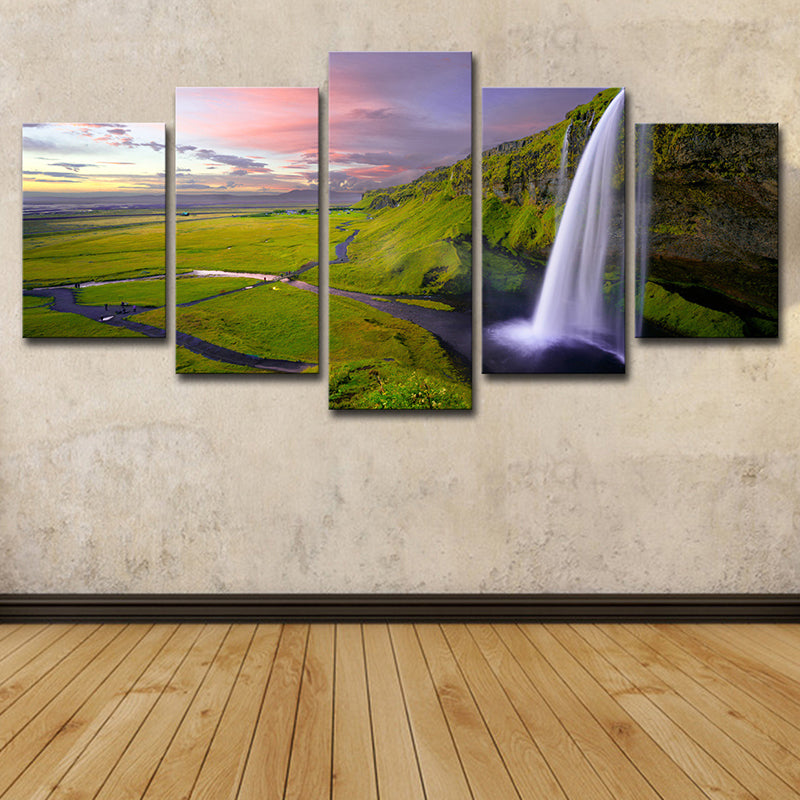 Waterfall and Grassland Scenery Canvas Art Modern Multi-Piece Wall Decor in Green