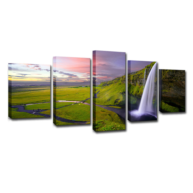 Waterfall and Grassland Scenery Canvas Art Modern Multi-Piece Wall Decor in Green