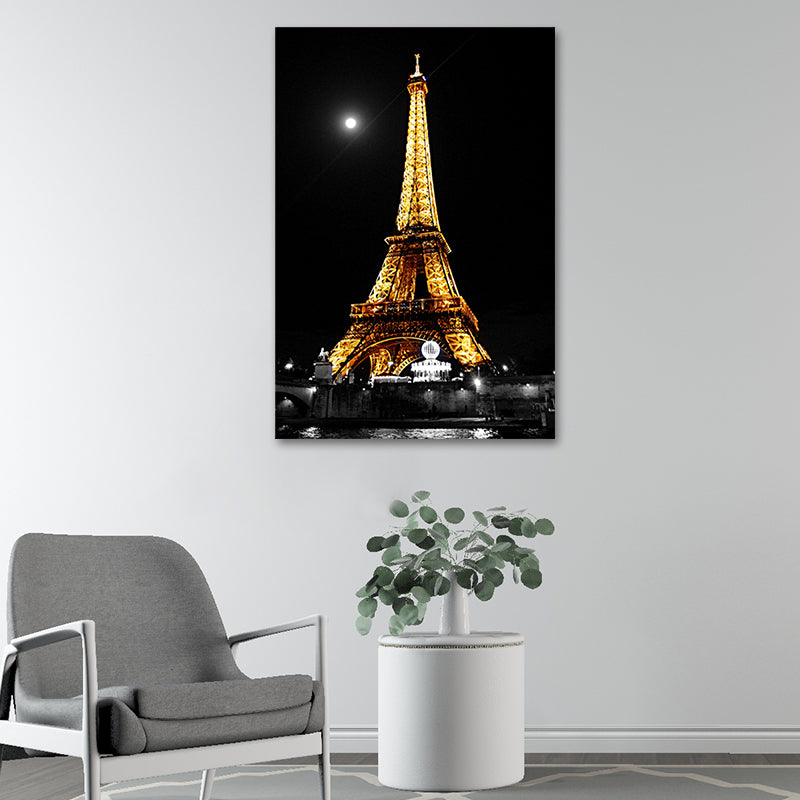 Luminous Eiffel Tower Night Canvas for Sitting Room Culture Relics Wall Art in Yellow