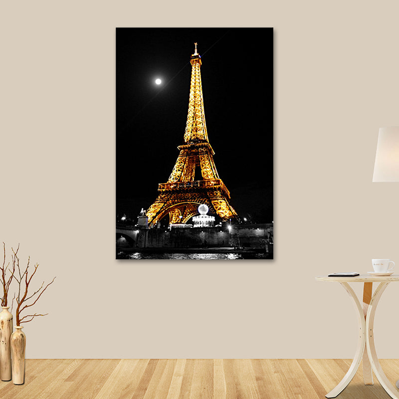 Luminous Eiffel Tower Night Canvas for Sitting Room Culture Relics Wall Art in Yellow