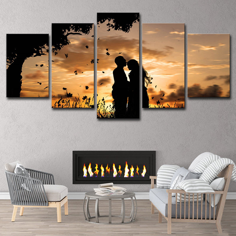 Romantic Sunset Landscape Canvas Wall Art for Living Room, Brown-Yellow, Multi-Piece