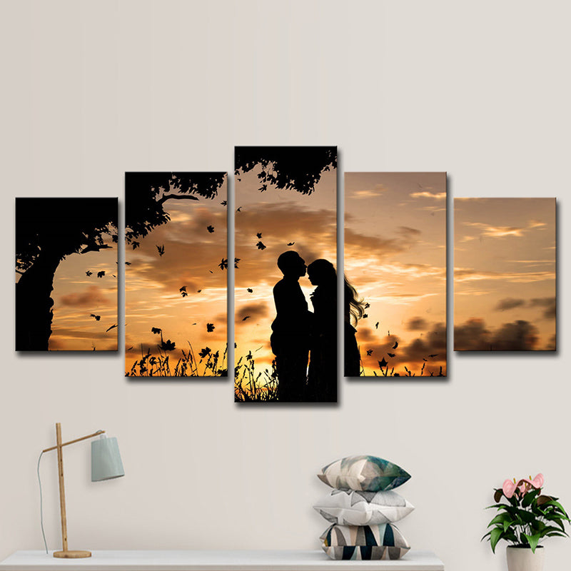 Romantic Sunset Landscape Canvas Wall Art for Living Room, Brown-Yellow, Multi-Piece