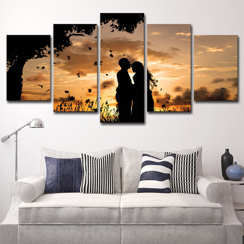 Romantic Sunset Landscape Canvas Wall Art for Living Room, Brown-Yellow, Multi-Piece