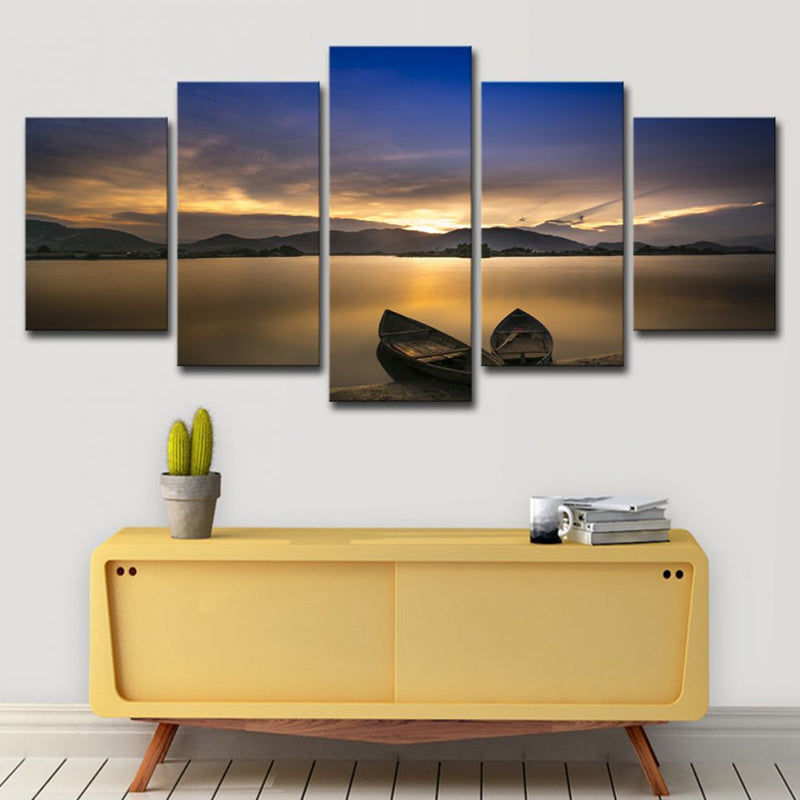 Light Yellow Modern Canvas Print Stranded Boats on the Lake Sunset View Wall Art for Home