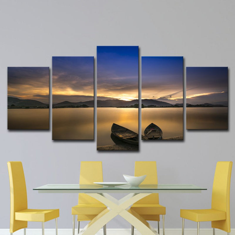 Light Yellow Modern Canvas Print Stranded Boats on the Lake Sunset View Wall Art for Home