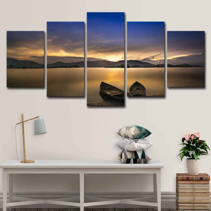 Light Yellow Modern Canvas Print Stranded Boats on the Lake Sunset View Wall Art for Home