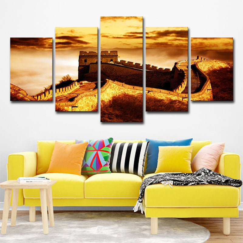 Yellow Global Inspired Canvas Dusk Sunlight on the Great Wall Art Print for Home