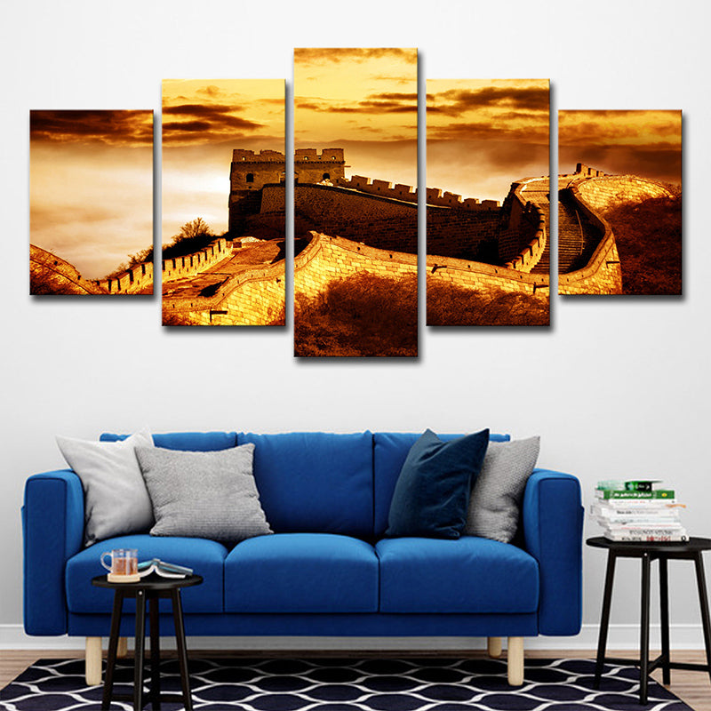 Yellow Global Inspired Canvas Dusk Sunlight on the Great Wall Art Print for Home