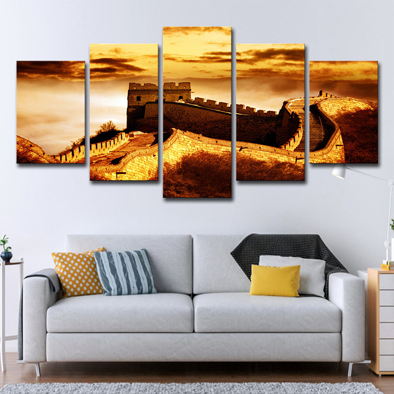 Yellow Global Inspired Canvas Dusk Sunlight on the Great Wall Art Print for Home