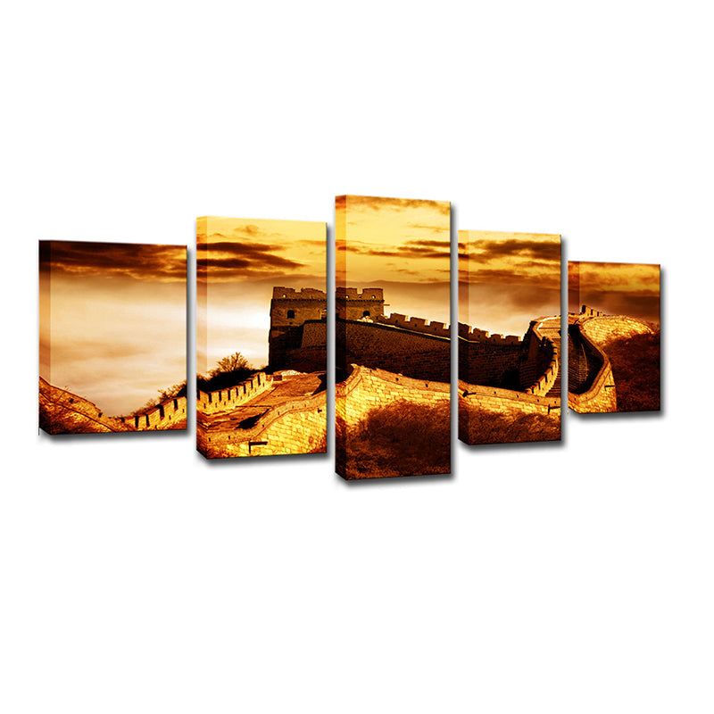 Yellow Global Inspired Canvas Dusk Sunlight on the Great Wall Art Print for Home