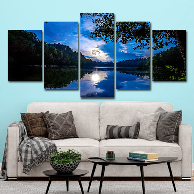 Rustic Night Scenery Wall Art Blue Lake Reflection of Moon and Forest Canvas Print