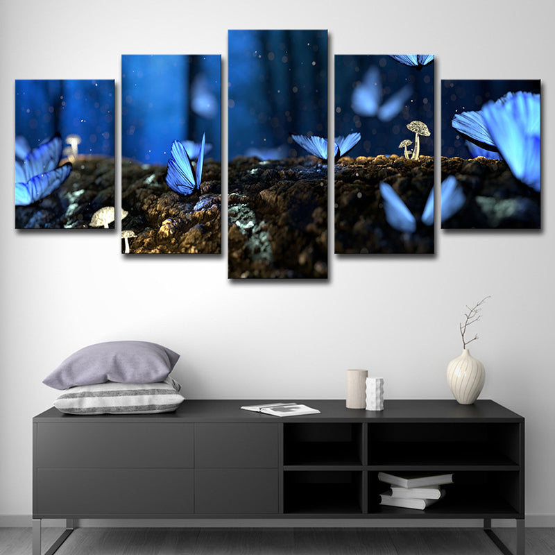 Blue Modern Canvas Art Butterflies on the Rotten Trunk Wall Decor for Living Room