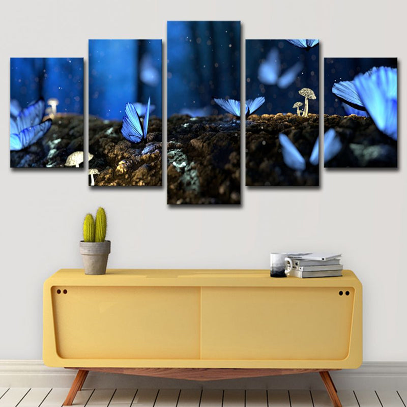 Blue Modern Canvas Art Butterflies on the Rotten Trunk Wall Decor for Living Room