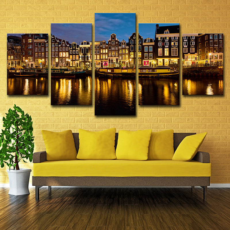 Amsterdam Canal Night Landscape Art Print Modern Multi-Piece Living Room Wall Decor