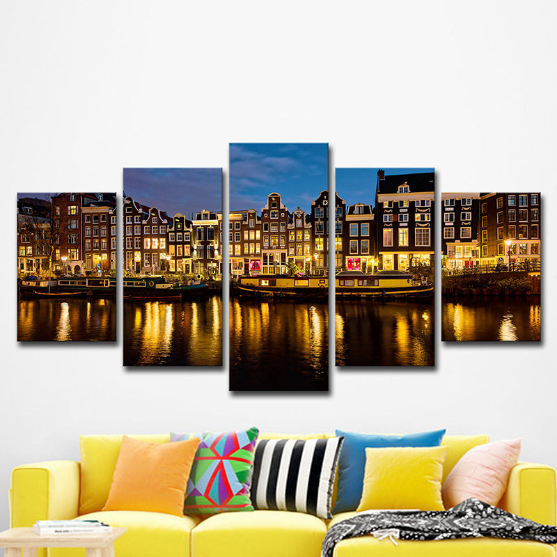 Amsterdam Canal Night Landscape Art Print Modern Multi-Piece Living Room Wall Decor