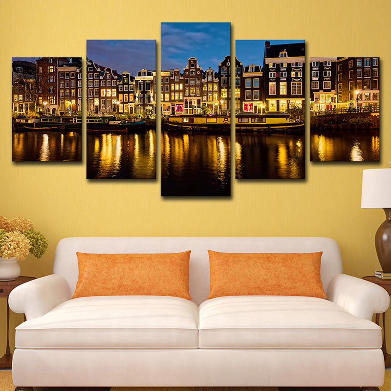 Amsterdam Canal Night Landscape Art Print Modern Multi-Piece Living Room Wall Decor